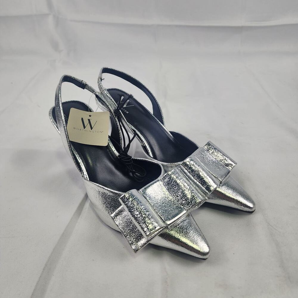 Worthington Michael Silver Metallic Bow Pointed Toe Slingback Heels 7.5 NWT